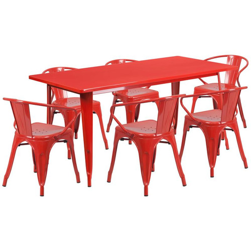 Flash Furniture ET-CT005-6-70-RED-GG Red Steel Rectangular Table Set with 6 Chairs