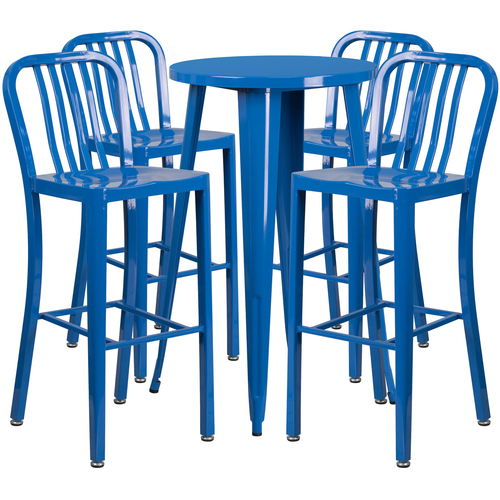 Flash Furniture CH-51080BH-4-30VRT-BL-GG 24" Dia. x 41" H Blue Metal Round Bar Height Table and 4 Bar Stool Set