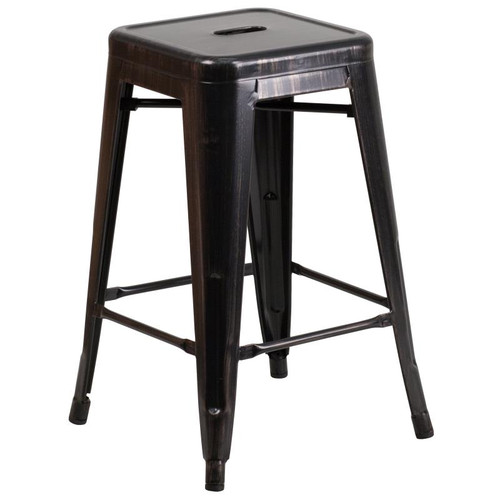Flash Furniture CH-31320-24-BQ-GG Black-Antique Gold Galvanized Steel Counter Height Backless Bar Stool