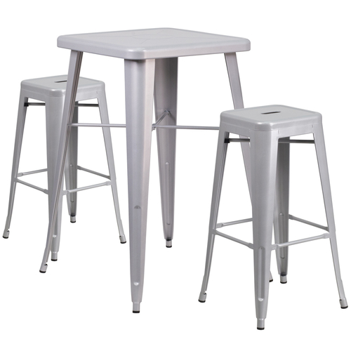 Flash Furniture CH-31330B-2-30SQ-SIL-GG 27 3/4" W x 27 3/4" D x 40" H Silver Galvanized Steel Square Bar Height Table and 2 Chairs Set