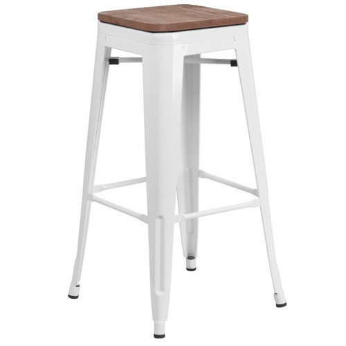 Flash Furniture CH-31320-30-WH-WD-GG White Textured Wood Seat With Galvanized Steel Backless Bar Stool