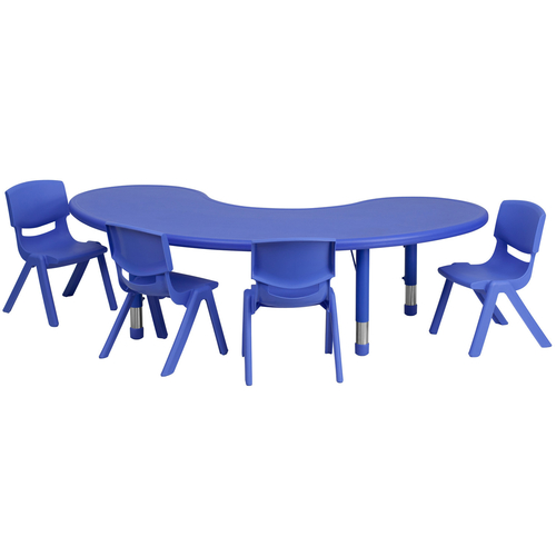 Flash Furniture YU-YCX-0043-2-MOON-TBL-BLUE-E-GG 35" W x 65" D x 14 1/2" - 23 3/4" Adjustable Height Blue Half Moon Preschool Activity Table Set with 4 Chairs