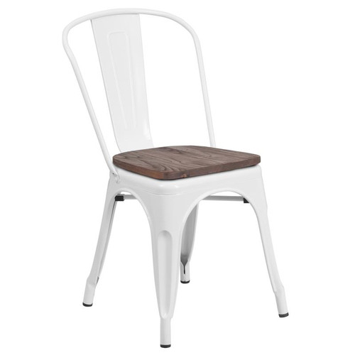 Flash Furniture CH-31230-WH-WD-GG White Metal Curved Back with Vertical Slat Textured Wood Seat Stacking Side Chair