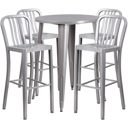 Flash Furniture CH-51090BH-4-30VRT-SIL-GG 30" Dia. x 41" H Silver Metal Round Bar Height Table and 4 Bar Stool Set