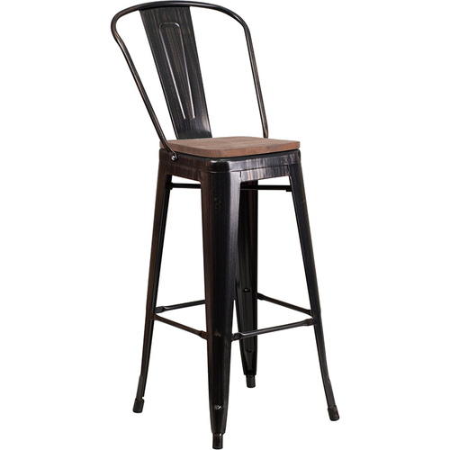 Flash Furniture CH-31320-30GB-BQ-WD-GG Black Antique Gold Metal Curved Back With Vertical Slat Bistro Style Bar Stool