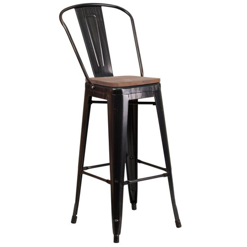 Flash Furniture CH-31320-30GB-BQ-WD-GG Black Antique Gold Metal Curved Back With Vertical Slat Bistro Style Bar Stool