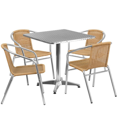 Flash Furniture TLH-ALUM-28SQ-020BGECHR4-GG Beige Steel Square Table Set with 4 Chairs
