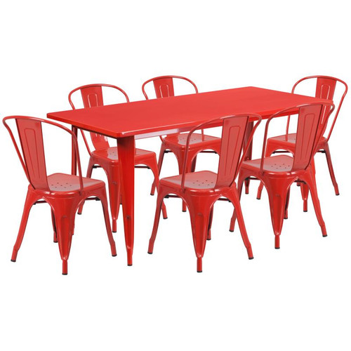 Flash Furniture ET-CT005-6-30-RED-GG Red Steel Rectangular Table Set with 6 Chairs