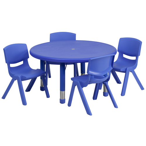 Flash Furniture YU-YCX-0073-2-ROUND-TBL-BLUE-E-GG 33" Dia. x 14 1/2" - 23 3/4" Adjustable Height Blue Round Preschool Activity Table Set with 4 Chairs