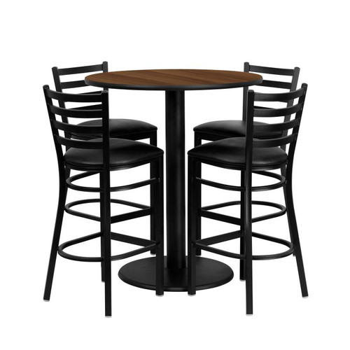 Flash Furniture MD-0011-GG 36" Dia. x 42" H Walnut Laminate Finish Round Table Set with 4 Metal Ladder Back Bar Stools