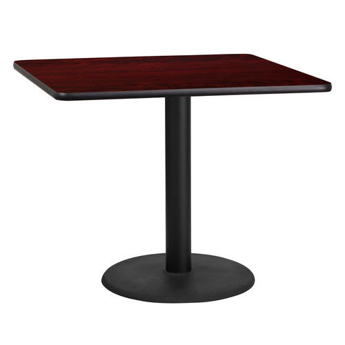 Flash Furniture XU-MAHTB-3636-TR24-GG 36”W x 36”D x 31-1/8”H Melamine Core With Mahogany Laminate Finish Cast Iron Column With Black Powder Coated Finish Square Dining Height Table