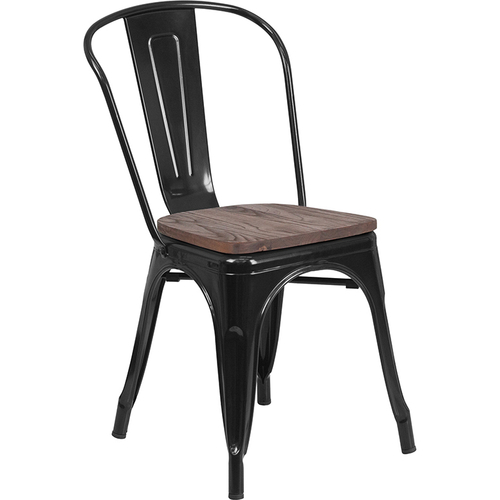 Flash Furniture CH-31230-BK-WD-GG Black Metal Curved Back with Vertical Slat Textured Wood Seat Stacking Side Chair