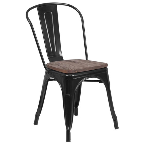 Flash Furniture CH-31230-BK-WD-GG Black Metal Curved Back with Vertical Slat Textured Wood Seat Stacking Side Chair
