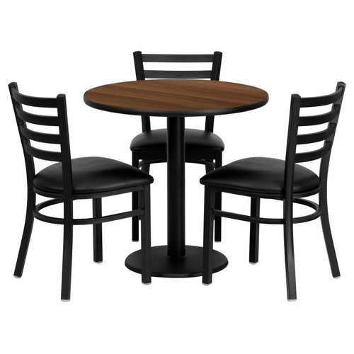 Flash Furniture MD-0002-GG 30" Dia. x 30" H Walnut Laminate Finish Round Table Set with 3 Metal Ladder Back Chairs