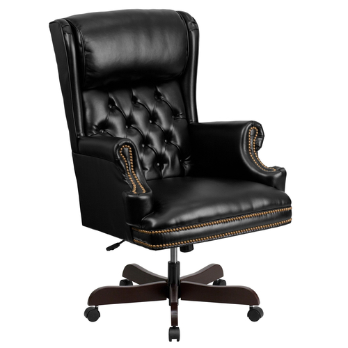 Flash Furniture CI-J600-BK-GG Black Bonded Leather Mahogany Wood Capped Metal Base Traditional Executive Swivel Office Chair