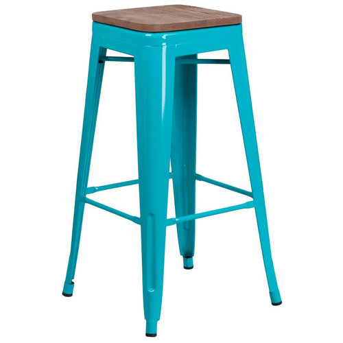 Flash Furniture ET-BT3503-30-CB-WD-GG Teal Blue Galvanized Steel with Wood Seat Bar Stool