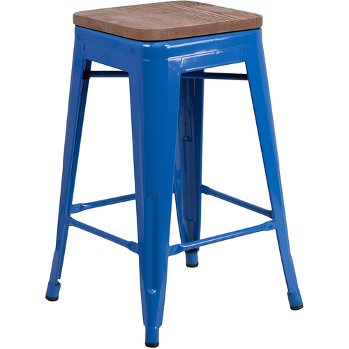 Flash Furniture CH-31320-24-BL-WD-GG Blue With Textured Wood Seat Galvanized Steel Counter Height Backless Bar Stool