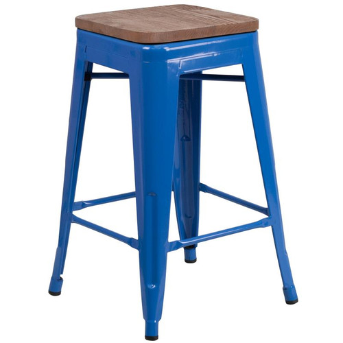 Flash Furniture CH-31320-24-BL-WD-GG Blue With Textured Wood Seat Galvanized Steel Counter Height Backless Bar Stool
