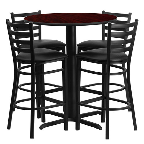 Flash Furniture HDBF1022-GG 30" Dia. x 42" H Mahogany Laminate Finish Round Table Set with 4 Metal Ladder Back Bar Stools
