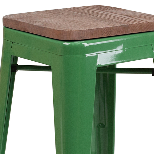 Flash Furniture CH-31320-24-GN-WD-GG Green Green Textured Wood Seat With Galvanized Steel Counter Height Backless Bar Stool