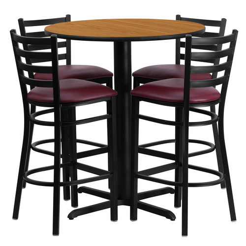 Flash Furniture HDBF1027-GG 30" Dia. x 42" H Natural Laminate Finish Round Table Set with 4 Metal Ladder Back Bar Stools