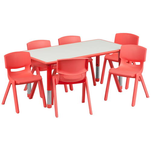 Flash Furniture YU-YCY-060-0036-RECT-TBL-RED-GG 47 1/4" W x 23 5/8" D x 14 1/2" - 23 3/4" Adjustable Height Red Plastic and Gray Laminate Rectangular Preschool Activity Table Set with 6 Chairs
