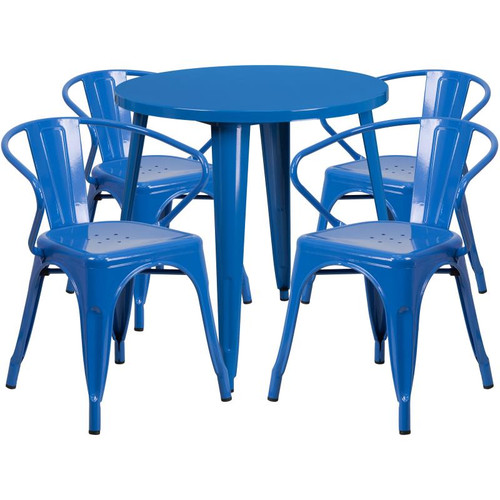 Flash Furniture CH-51090TH-4-18ARM-BL-GG 30" Dia. x 29 1/2" H Blue Metal Round Table and 4 Chair Set