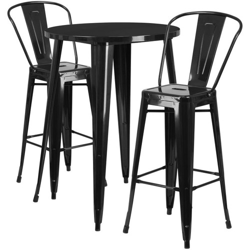 Flash Furniture CH-51090BH-2-30CAFE-BK-GG 30" Dia. x 41" H Black Metal Round Bar Height Table and 2 Bar Stool Set