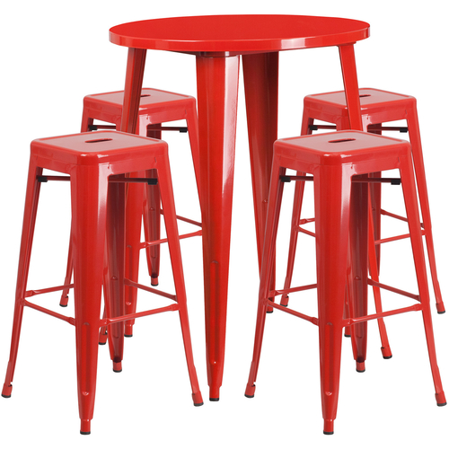 Flash Furniture CH-51090BH-4-30SQST-RED-GG 30" Dia. x 41" H Red Metal Round Bar Height Table and 4 Bar Stool Set