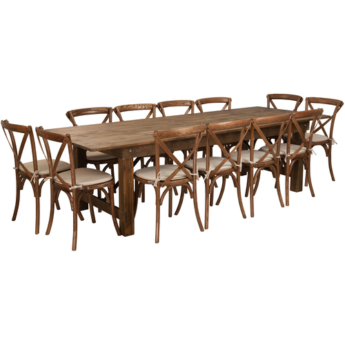 Flash Furniture XA-FARM-16-GG 108" W x 40" D x 30" H Rectangular Antique Rustic Folding Hercules Series Farm Table Set with 12 Chairs