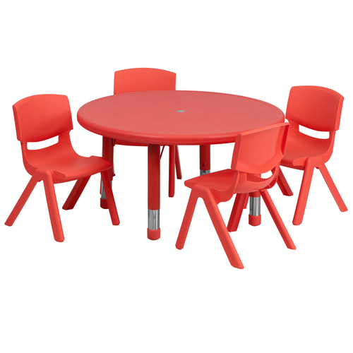 Flash Furniture YU-YCX-0073-2-ROUND-TBL-RED-E-GG 33" Dia. x 14 1/2" - 23 3/4" Adjustable Height Red Round Preschool Activity Table Set with 4 Chairs
