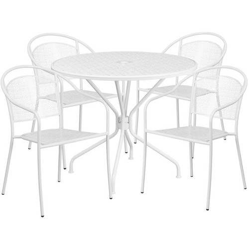 Flash Furniture CO-35RD-03CHR4-WH-GG 28" H White Steel Round Patio Table Set with 4 Chairs