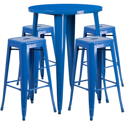 Flash Furniture CH-51090BH-4-30SQST-BL-GG 30" Dia. x 41" H Blue Metal Round Bar Height Table and 4 Bar Stool Set