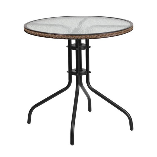 Flash Furniture TLH-087-DK-BN-GG Dark Brown Rattan Edge Black Powder Coated Metal Base With Tempered Glass Round Patio Table