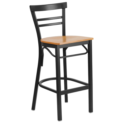 Flash Furniture XU-DG6R9BLAD-BAR-NATW-GG Natural Finish Seat With Ladder Back Steel Black Powder Coated Frame Hercules Series Restaurant Bar Stool