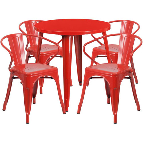 Flash Furniture CH-51090TH-4-18ARM-RED-GG 30" Dia. x 29 1/2" H Red Metal Round Table and 4 Chair Set