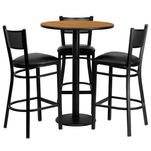 Flash Furniture MD-0016-GG 30" Dia. x 42" H Natural Laminate Finish Round Table Set with 3 Metal Back Bar Stools
