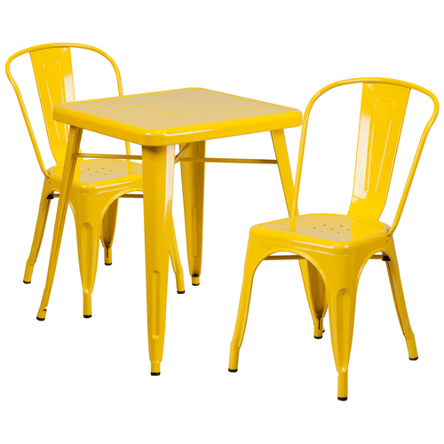Flash Furniture CH-31330-2-30-YL-GG 23 3/4" W x 23 3/4" D x 29" H Yellow Galvanized Steel Square Table and 2 Chairs Set