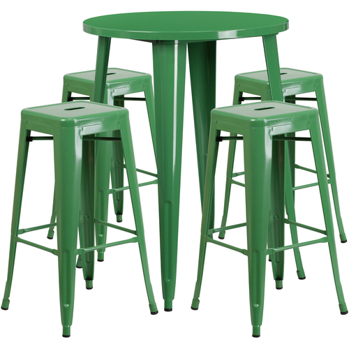Flash Furniture CH-51090BH-4-30SQST-GN-GG 30" Dia. x 41" H Green Metal Round Bar Height Table and 4 Bar Stool Set