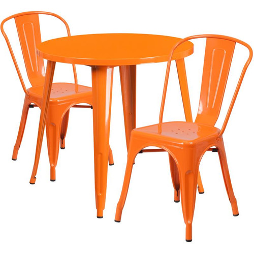 Flash Furniture CH-51090TH-2-18CAFE-OR-GG 30" Dia. x 29 1/2" H Orange Metal Round Table and 2 Chair Set