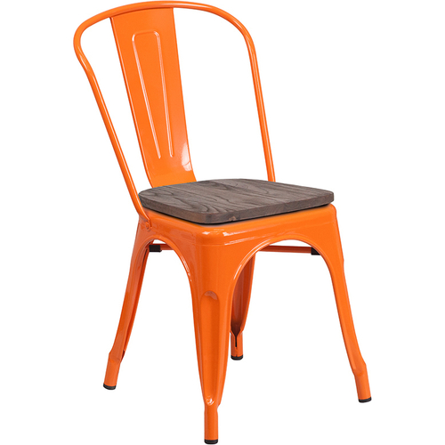 Flash Furniture CH-31230-OR-WD-GG Orange Metal Curved Back with Vertical Slat Textured Wood Seat Stacking Side Chair
