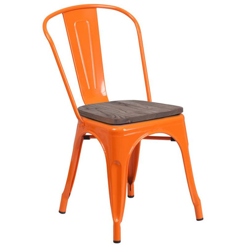 Flash Furniture CH-31230-OR-WD-GG Orange Metal Curved Back with Vertical Slat Textured Wood Seat Stacking Side Chair