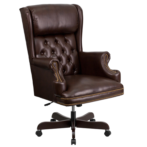 Flash Furniture CI-J600-BRN-GG Brown Bonded Leather Mahogany Wood Capped Metal Base Traditional Executive Swivel Office Chair