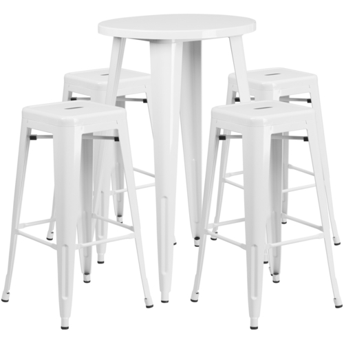 Flash Furniture CH-51080BH-4-30SQST-WH-GG 24" Dia. x 41" H White Metal Round Bar Height Table and 4 Bar Stool Set