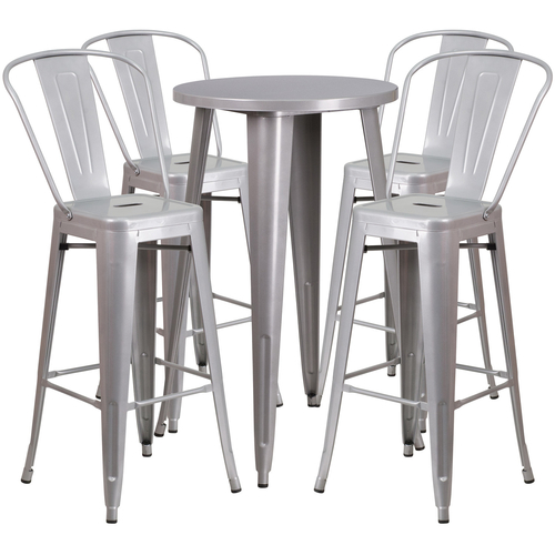 Flash Furniture CH-51080BH-4-30CAFE-SIL-GG 24" Dia. x 41" H Silver Metal Round Bar Height Table and 4 Bar Stool Set
