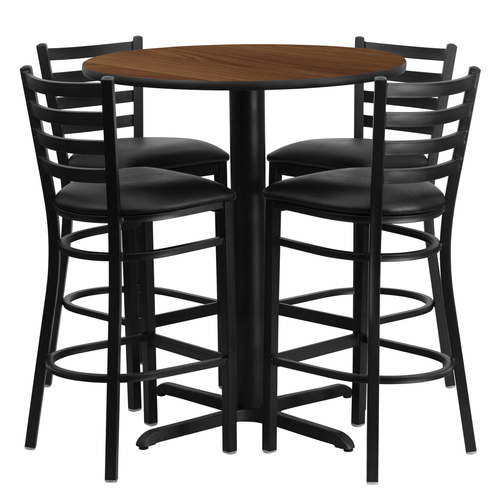 Flash Furniture HDBF1024-GG 30" Dia. x 42" H Walnut Laminate Finish Round Table Set with 4 Metal Ladder Back Bar Stools