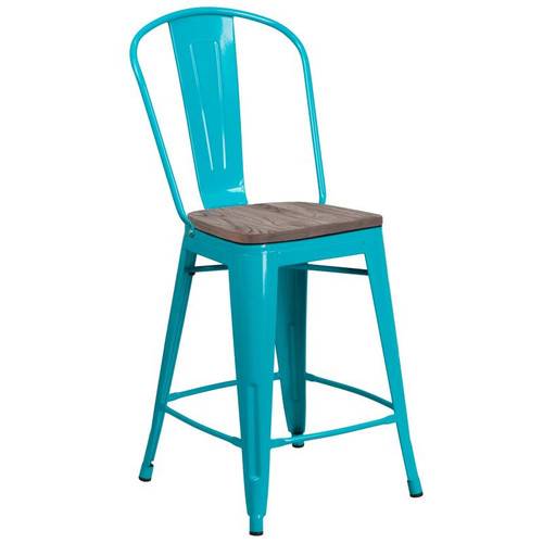 Flash Furniture ET-3534-24-CB-WD-GG 24" H Teal Blue Galvanized Steel Counter Height Curved Back With Vertical Slat Bar Stool