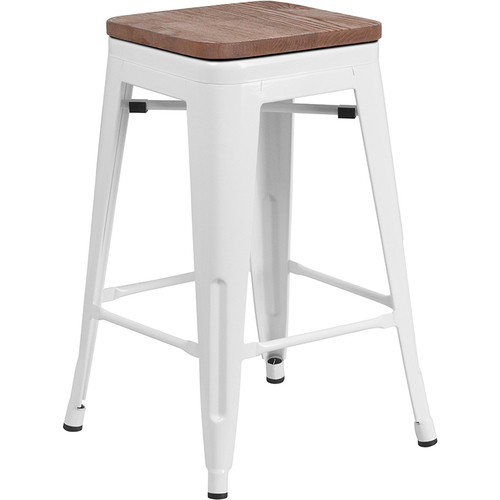 Flash Furniture CH-31320-24-WH-WD-GG White Textured Wood Seat Galvanized Steel Counter Height Backless Bar Stool