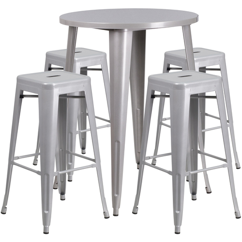 Flash Furniture CH-51090BH-4-30SQST-SIL-GG 30" Dia. x 41" H Silver Metal Round Bar Height Table and 4 Bar Stool Set