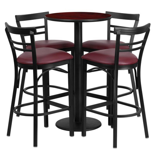 Flash Furniture RSRB1038-GG 24" Dia. Round Mahogany Laminate Finish Table and 4 Burgundy Bar Stools Set